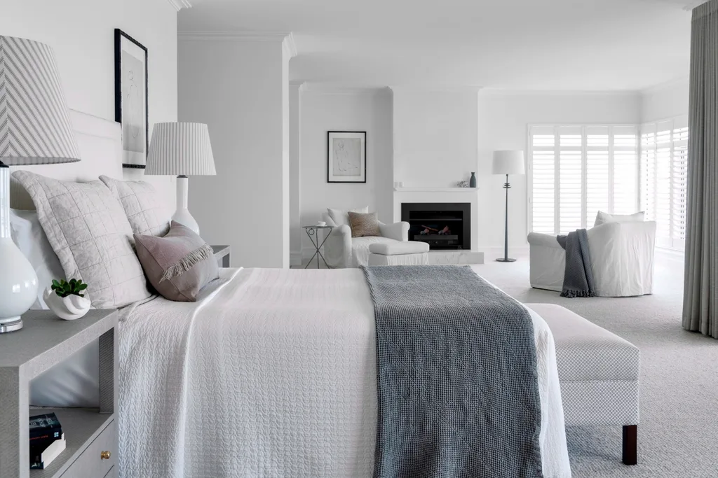 white bedroom with black accents