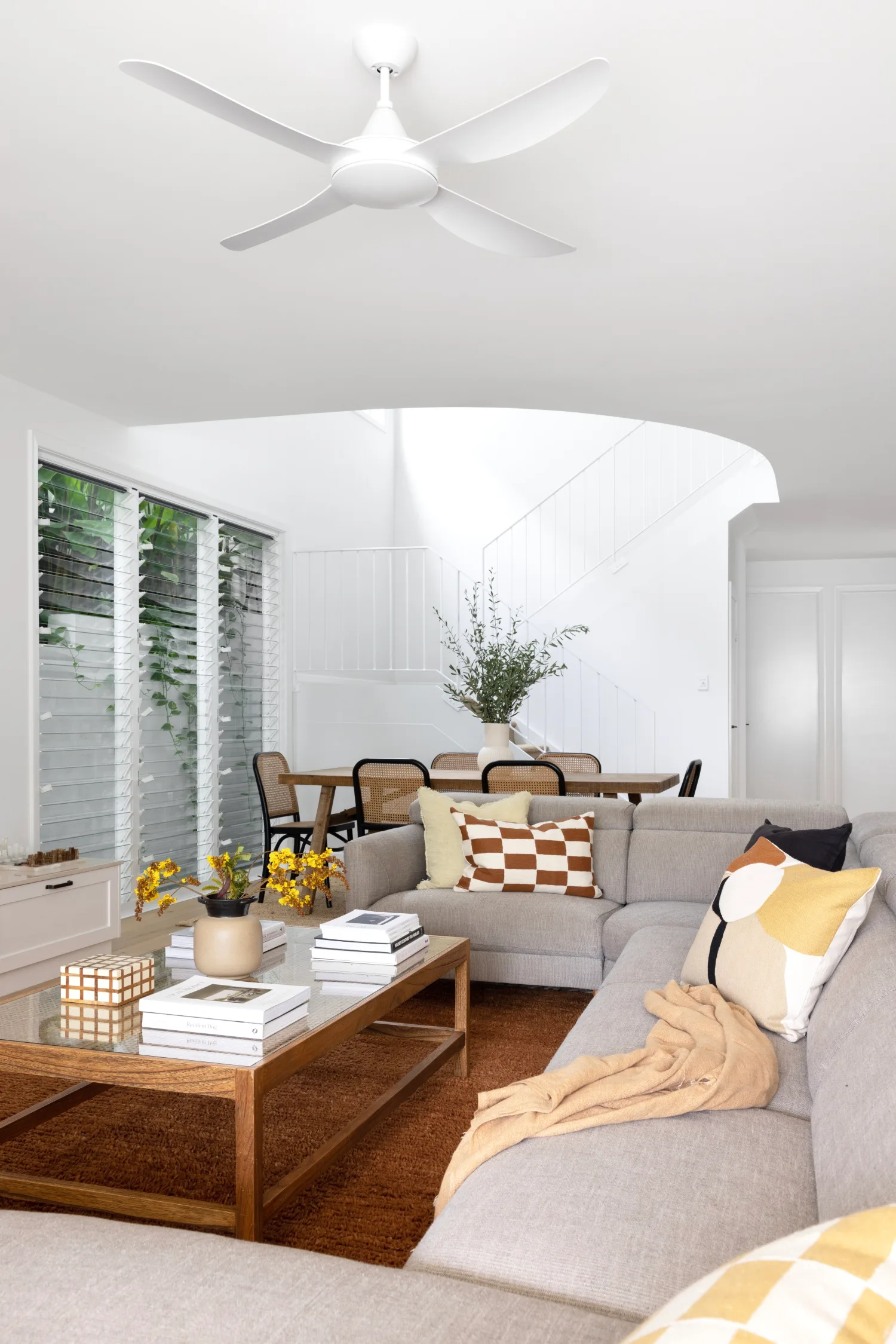 light grey lounge with saffron rug