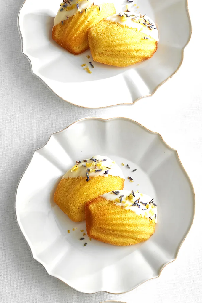 lemon madeleines with chocolate and lavender