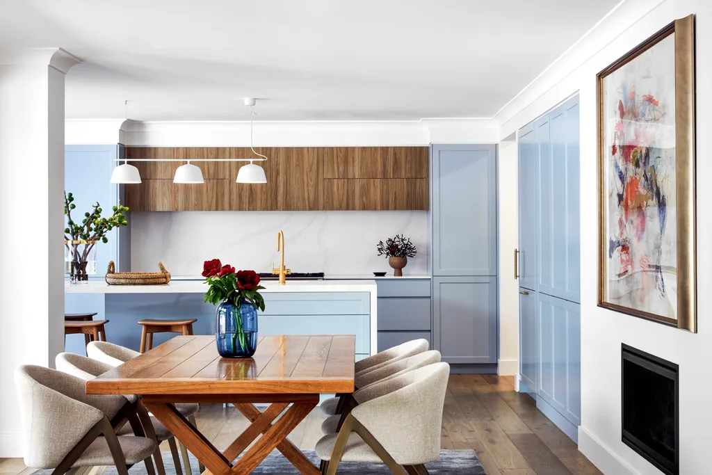 renovated kitchen with blue cabinetry