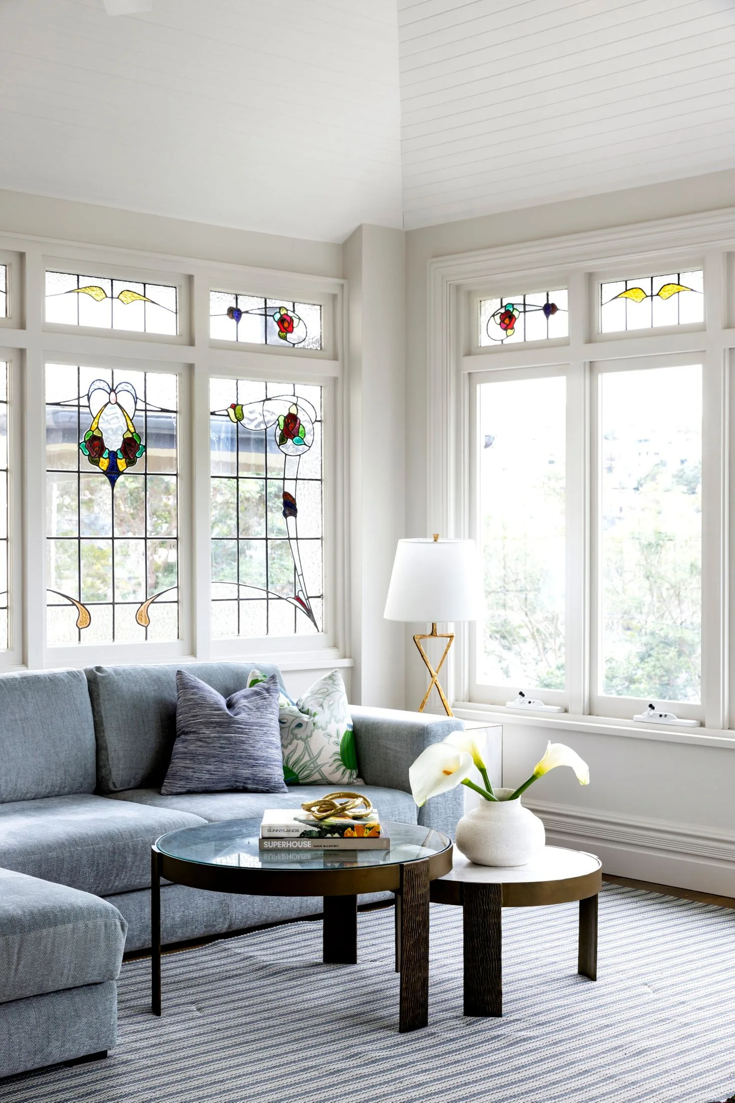 A stained glass window in the living room. 