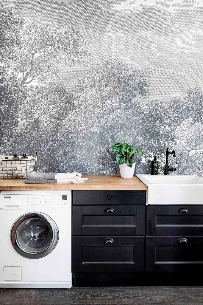 Laundry splashback with art wallpaper on the splashback