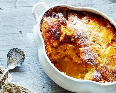 Self-saucing orange bread and butter pudding