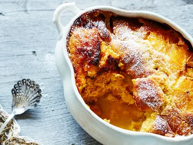 Self-saucing orange bread and butter pudding