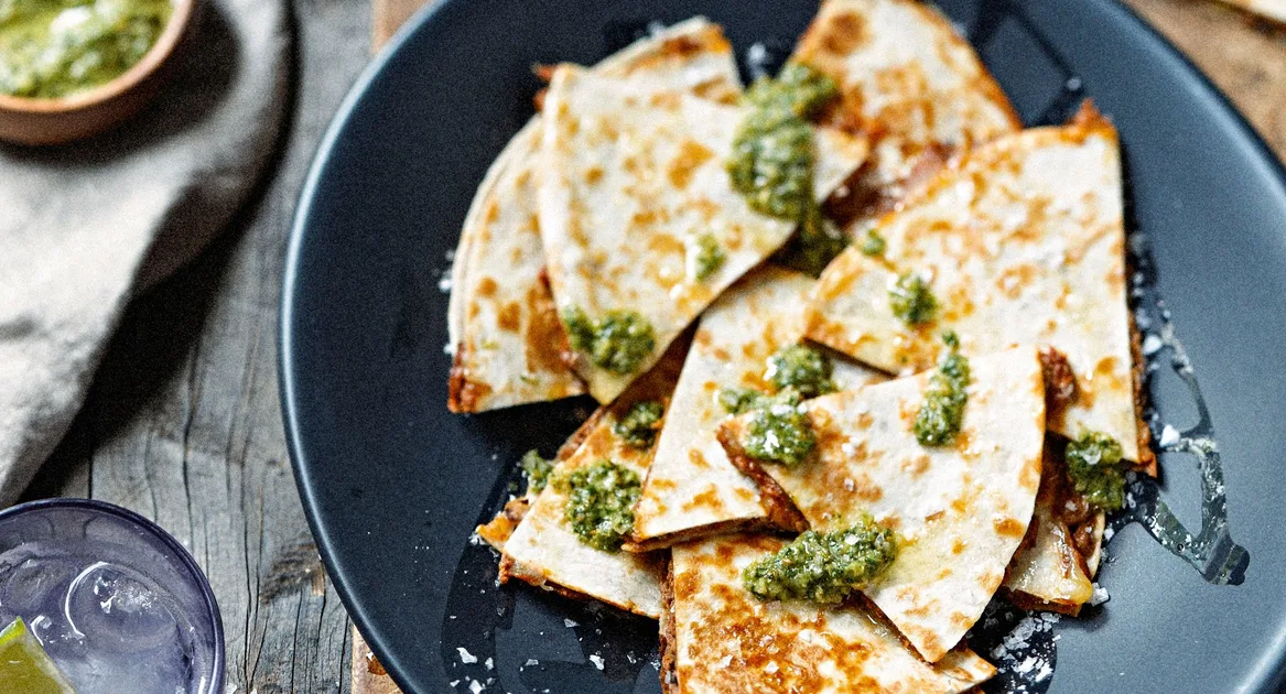 Shredded beef & black bean quesadillas with salsa verde Recipe | Home Beautiful