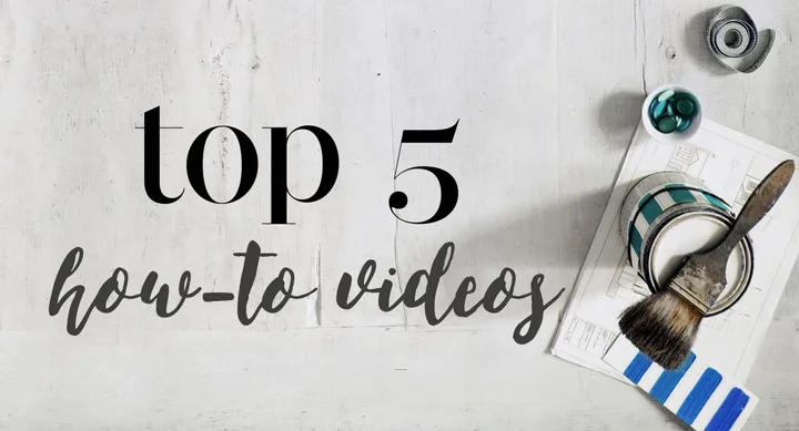 Top 5 how-to videos text with paintbrush, paint can, and blueprint on white background.