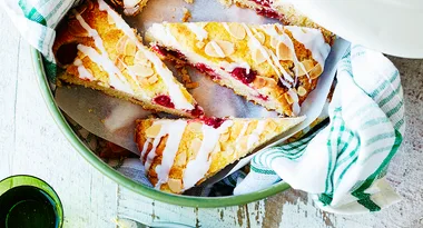 Almond-iced raspberry scones