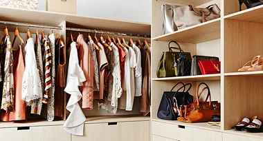 Wardrobe with various clothes on hangers, shelves with handbags, and shoes neatly arranged.