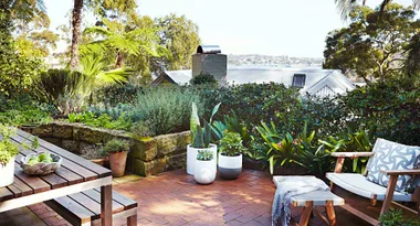 Outdoor patio with wooden table, potted plants, and a cushioned chair overlooking greenery and rooftops.