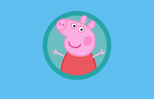 Cartoon character Peppa Pig smiling with arms out, wearing a red dress on a blue background.