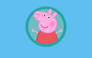 Cartoon character Peppa Pig smiling with arms out, wearing a red dress on a blue background.