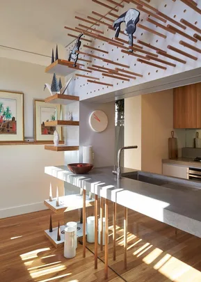 Modern kitchen with decorative hanging shelves, abstract gorilla figures, and a minimalist countertop.