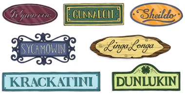 House signs: Wyuurrie, Gunnadoit, Sheildo, Sycamowin, Linga Longa, Krackatini, Dunlukin in various styles.