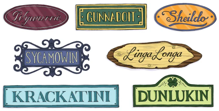 House signs: Wyuurrie, Gunnadoit, Sheildo, Sycamowin, Linga Longa, Krackatini, Dunlukin in various styles.