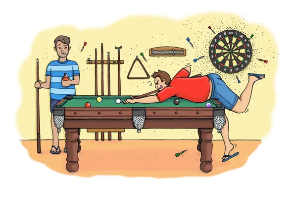 Two men playing pool; one lining up a shot, the other holding a cue. Dartboard on the wall with darts scattered around.