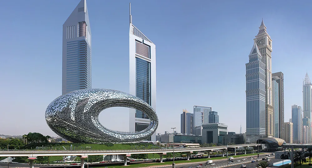 Dubai's Museum of the Future with surrounding skyscrapers, featuring a futuristic oval design with Arabic calligraphy.