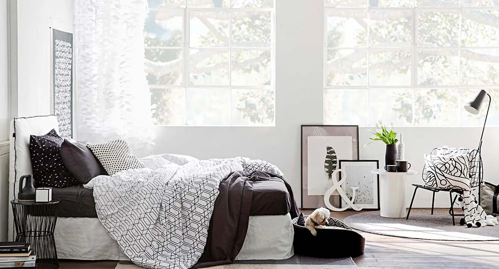 Cozy bedroom with patterned bedding, a small dog, framed art, and a chair by large windows.