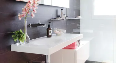 Modern bathroom with dark wood wall, white sink, pink flowers, and toiletries.