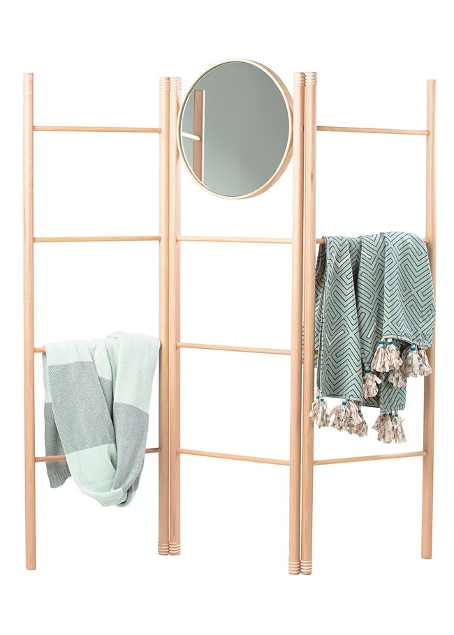 Three wooden ladder towel racks with two towels and a round mirror in the middle.