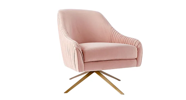 Pink velvet armchair with a pleated design and brass swivel base.