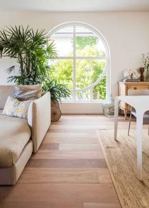Bright room with large round window, beige sofa, potted plants, light wood floors, and a white table.