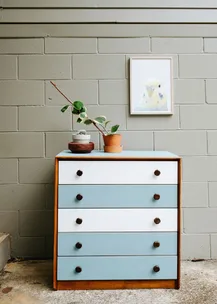 Blue and white dresser with plants on top, set against a gray brick wall with a framed bird print hanging above.