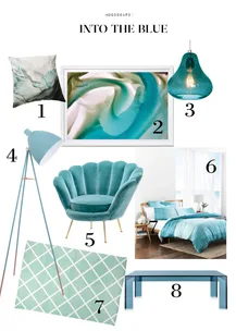 Moodboard titled "Into the Blue" featuring teal and blue home decor items, including a chair, lamp, and bed set.