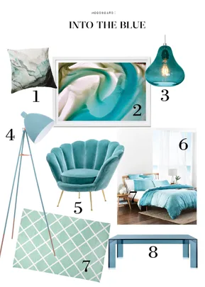 Moodboard titled "Into the Blue" featuring teal and blue home decor items, including a chair, lamp, and bed set.