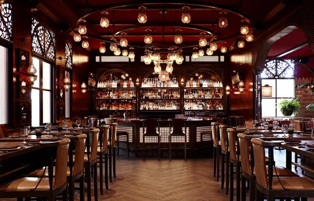 Elegant bar with dim lighting, bottles on shelves, round ceiling lights, and table settings in a vintage ambiance.