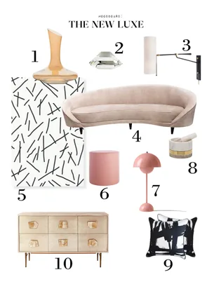 Moodboard titled "The New Luxe" with furniture and decor items numbered 1 to 10, featuring modern design.