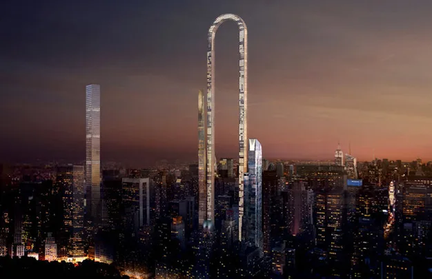 Alt text: "Futuristic U-shaped skyscraper in a city skyline at dusk."