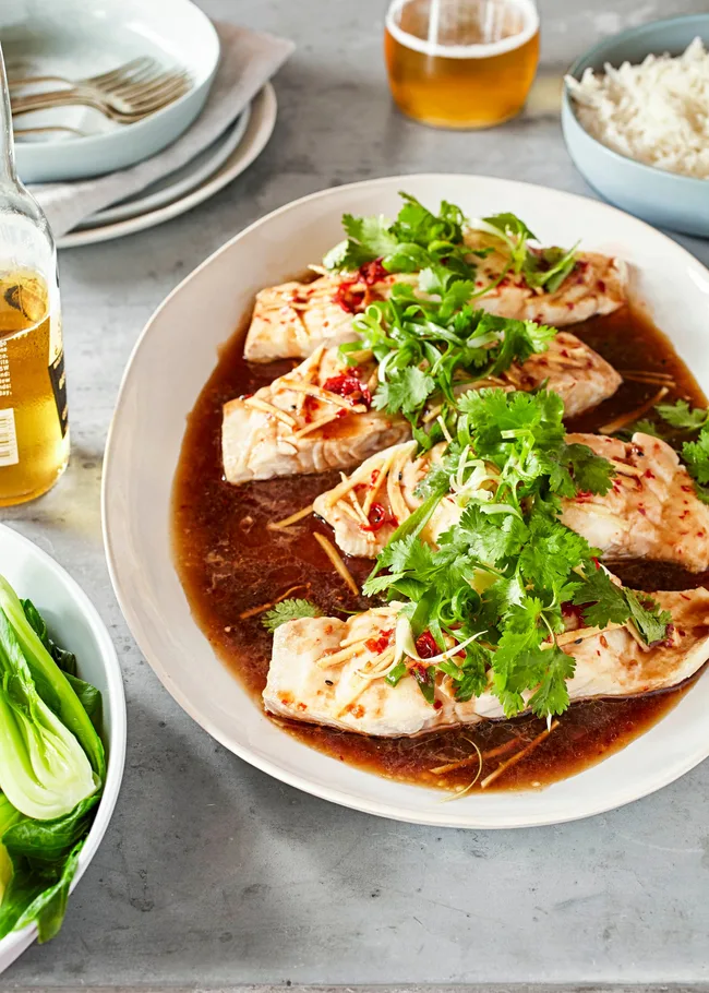 Steamed fish with ginger, chilli and sesame