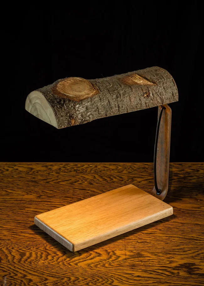 Rustic desk lamp made from a wooden log and base, with iron support, on an oak table against a black background.