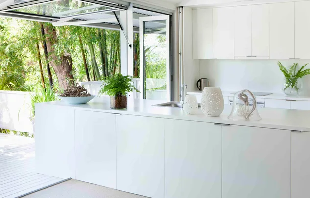 Bright modern kitchen with white cabinets, open windows to greenery, and decorative plants on the counter.