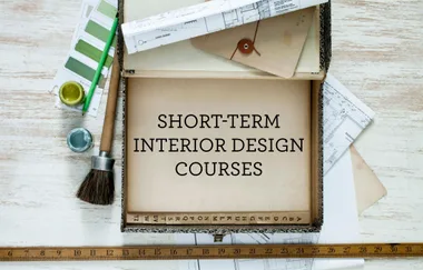 "Interior design tools, plans, and color samples with text 'Short-Term Interior Design Courses' on wooden background."