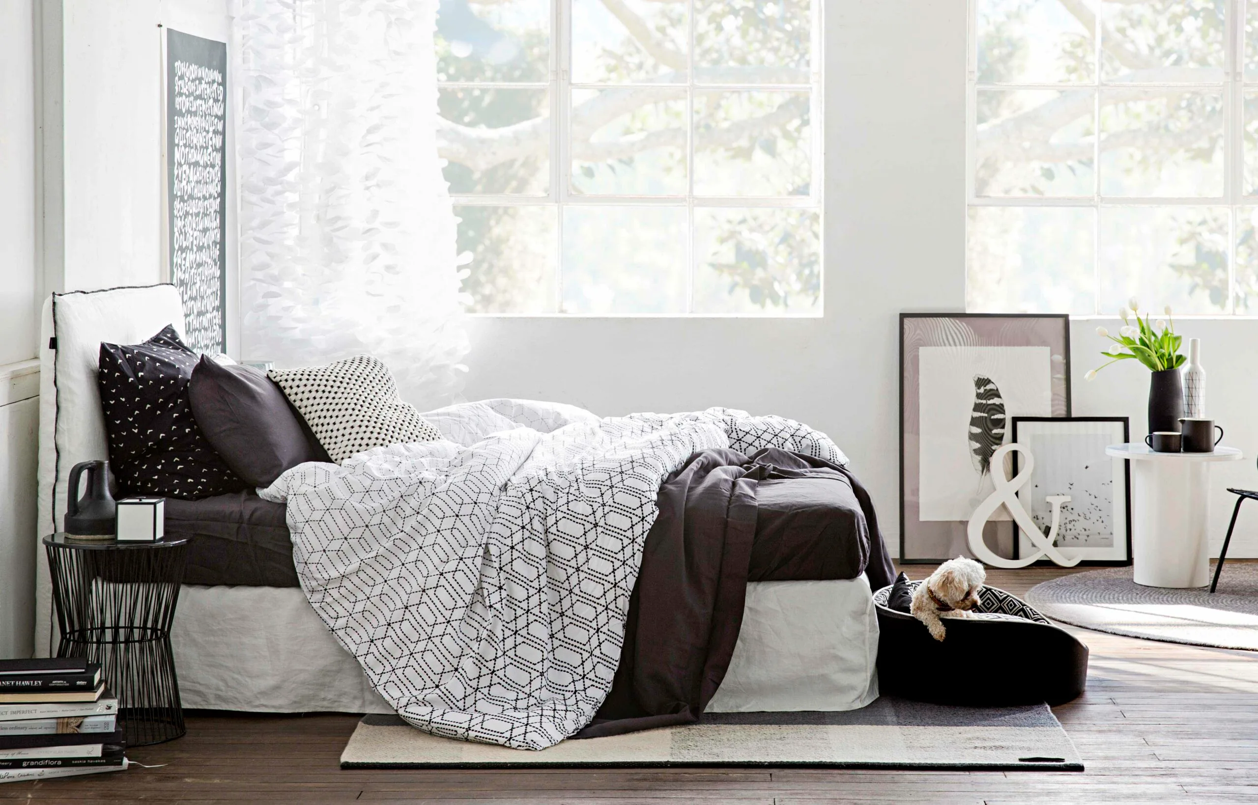 Cozy bedroom with monochrome bedding, decorative pillows, framed art, and a dog in a bed under sunny windows.