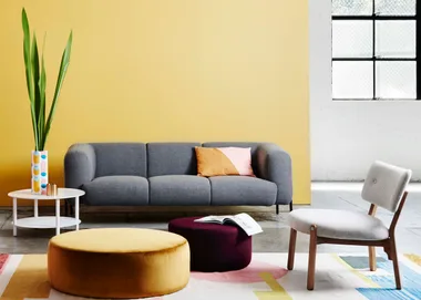 Modern living room with a gray sofa, colorful pillows, round ottomans, and a large plant against a yellow wall.
