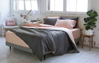 Cozy bedroom with a bed featuring pink and gray bedding, a chair, side table with lamp, books, and a potted plant.