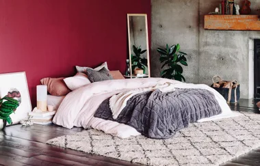 Cozy bedroom with a dark red accent wall, soft bedding, a mirror, potted plants, and a textured rug on wooden floors.