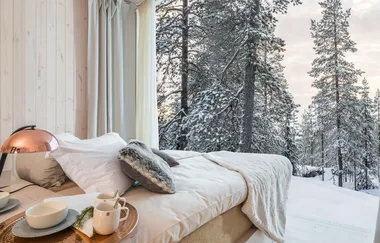 Cozy bedroom with a view of snow-covered pine trees, featuring a bed, pillows, and a copper lamp.