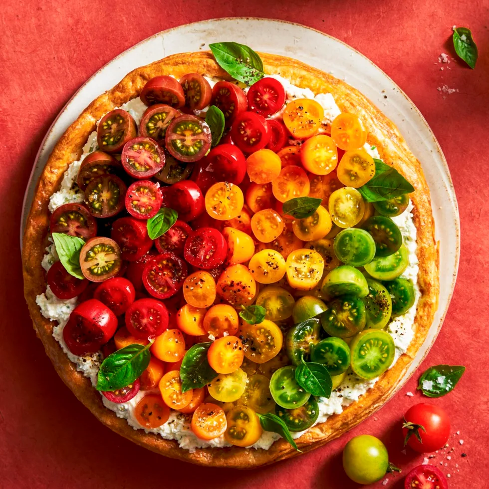 tomato tart with different coloured cherry tomatoes on top in line