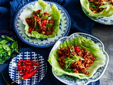 san choy bow in lettuce cups in bowls