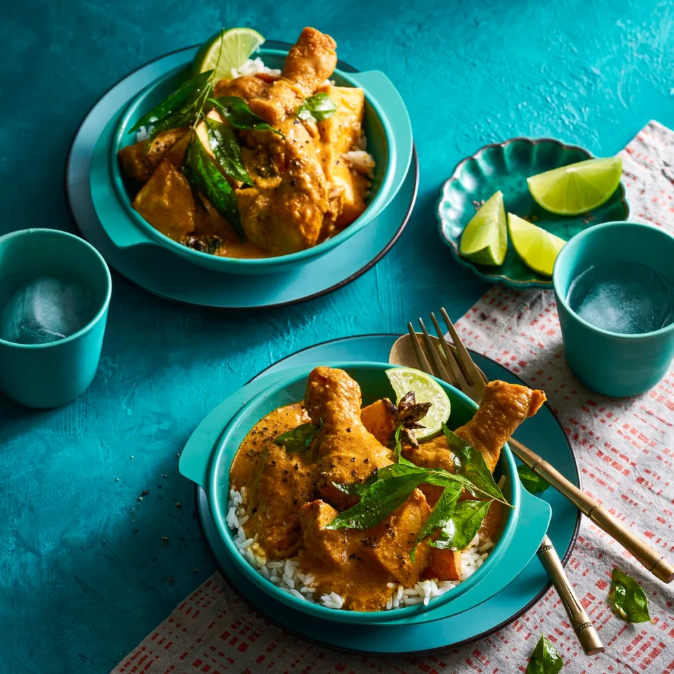 chicken curry in two bowls orangey colour with blue and teal colouring of bowls