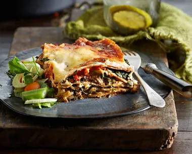 Slice of healthier lasagne with vegetables and cottage cheese