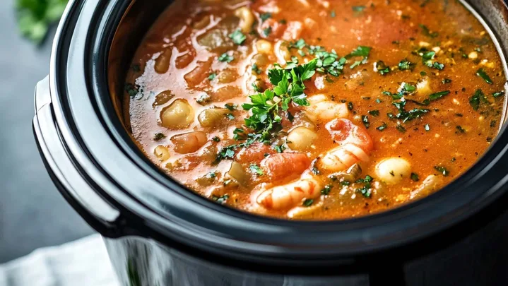 Vegetable soup being cooked in a slow cooker