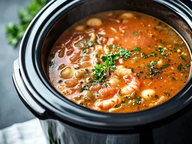 Vegetable soup being cooked in a slow cooker