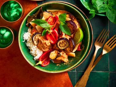 thai red curry with chicken eggplant and capsicum in homemade curry paste