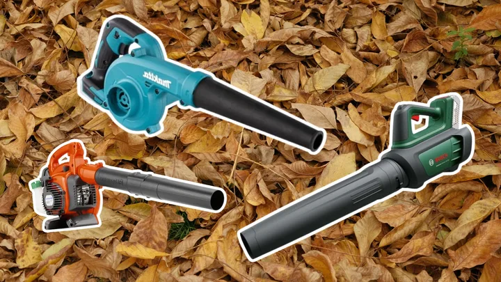image of dead leaves with superimposed deep etch images of three leaf blowers on top