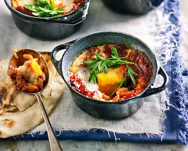 Spanish style baked eggs with chorizo and smoky beans