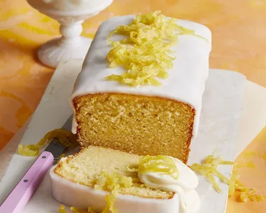 Lemon loaf cake with syrup and icing